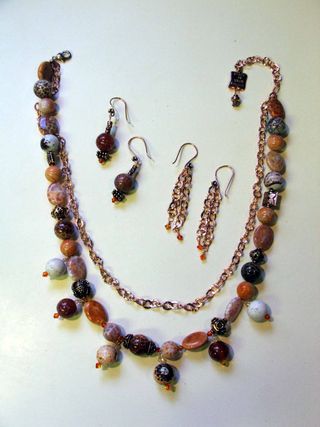 N207 full fire agate and copper chain with earrings