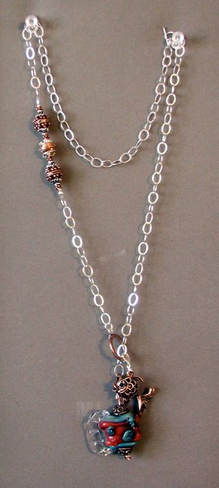 Switchable SS and copper necklace w detachable handmade glass bead and fish charm full