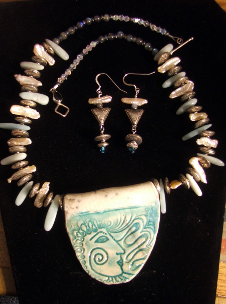 aedm10. jewelry set. ceramic, hilltribe silver, adventurine, stick pears, labradoite, Swarovski and german crystals and ss clasp w onyx