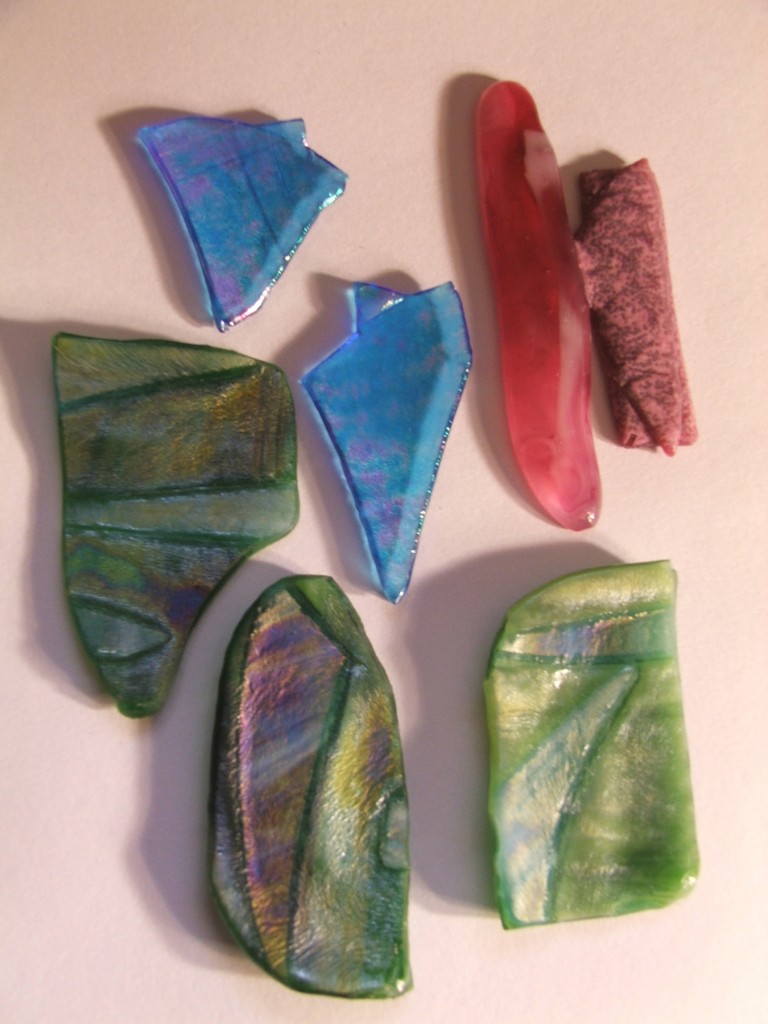 fused glass scraps, each about 3 - 3.5" tall.  by Mary Ida Rolape