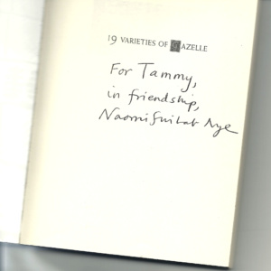 inside title page with handwritten note by Naomi Shihab Nye to blog author
