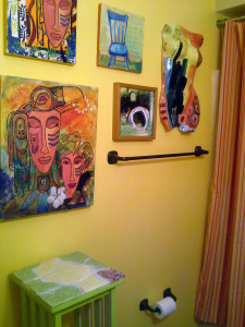 My ceramic torso, my collage, and paintings by Anne Crain (the circle..which IMO is a cave) and Mimi Little, the chair