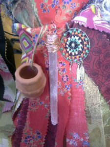 Clay pot, Selenite for cleansing negative energy and a dream catcher so only the good dreams get through.