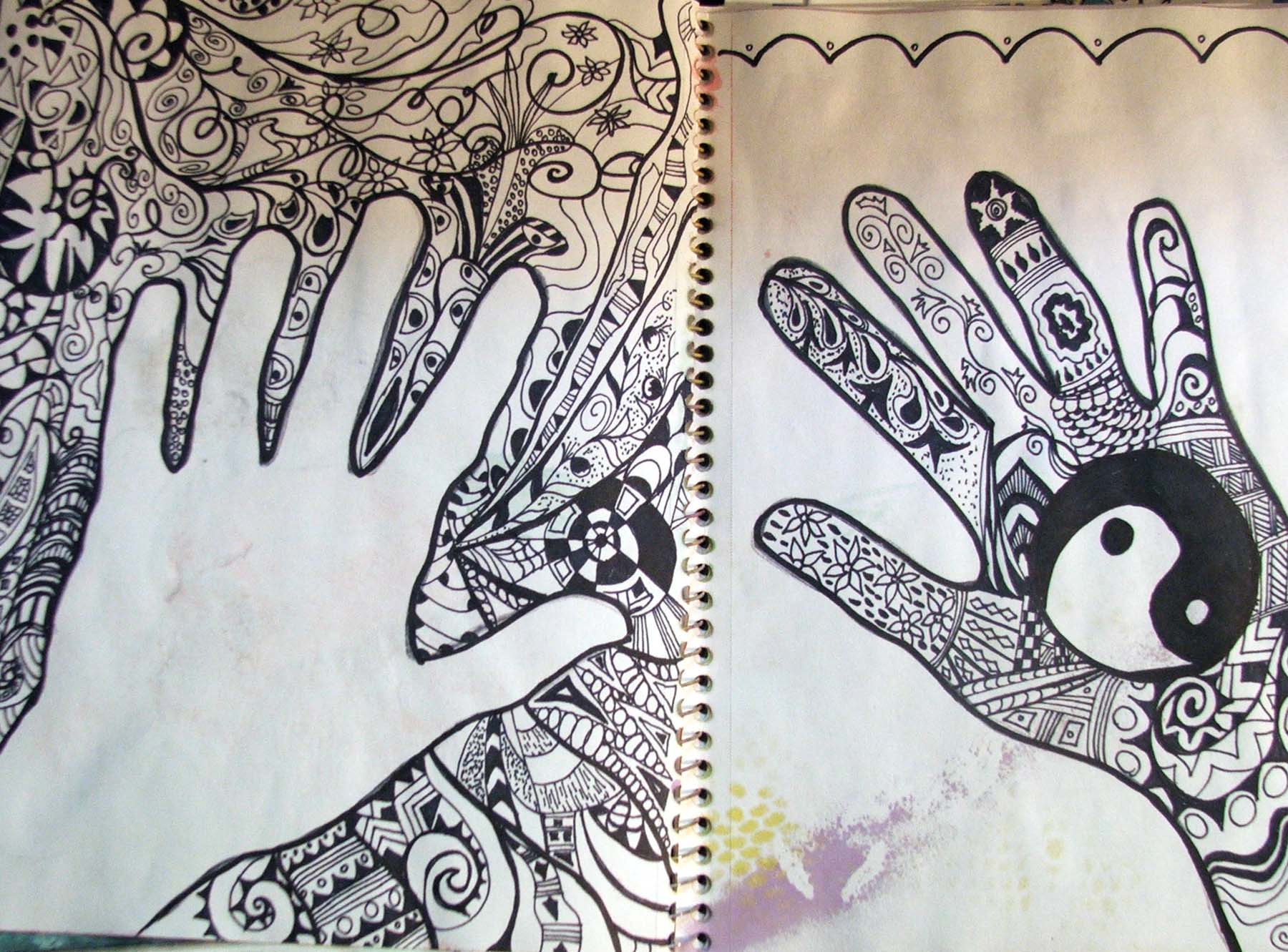 hands zentangled - one inside the hand, one outside the hand: balance