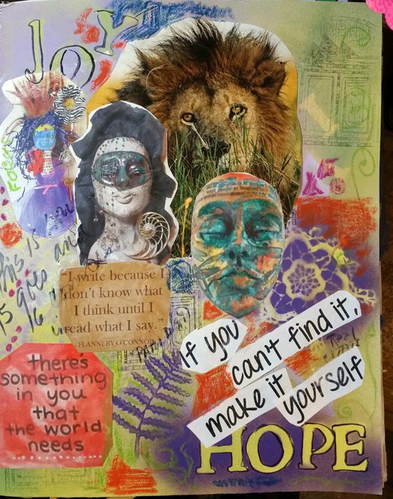 Collage by Tammy Vitale using pictures of her clay masks and spirit doll as elements of the picture