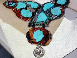 beadwork/bead embroidery necklace by Tammy Vitale and in the works...just added the middle dangle via ladder stitch.