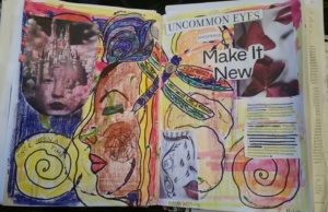 AEDM2017 day 3,  Make it New:  collage on 2-page, gessoed journal pages