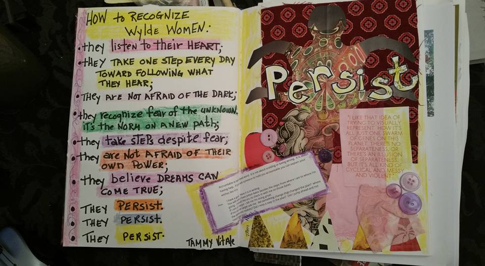 Double page journal spread using marker, crayon, buttons, materials and hand-sketched cutouts from magazine paper.   AEDM2017 - day 6