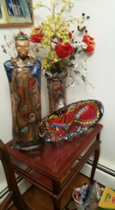 aedm2017 -Statue and raku vase, by Tammy Vitale, Dragon glass plate by Mary Ida Rolape