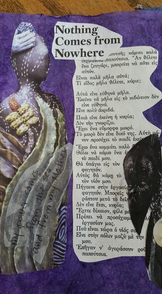 journal page - greek writing, crow's head, magazine cutout.