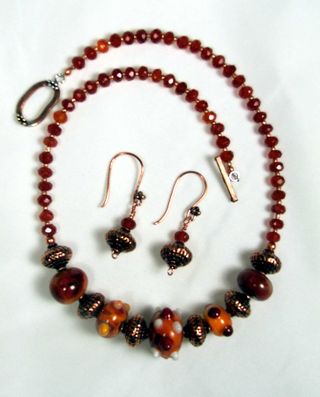 Lampwork, copper, carnelian necklace and earrings